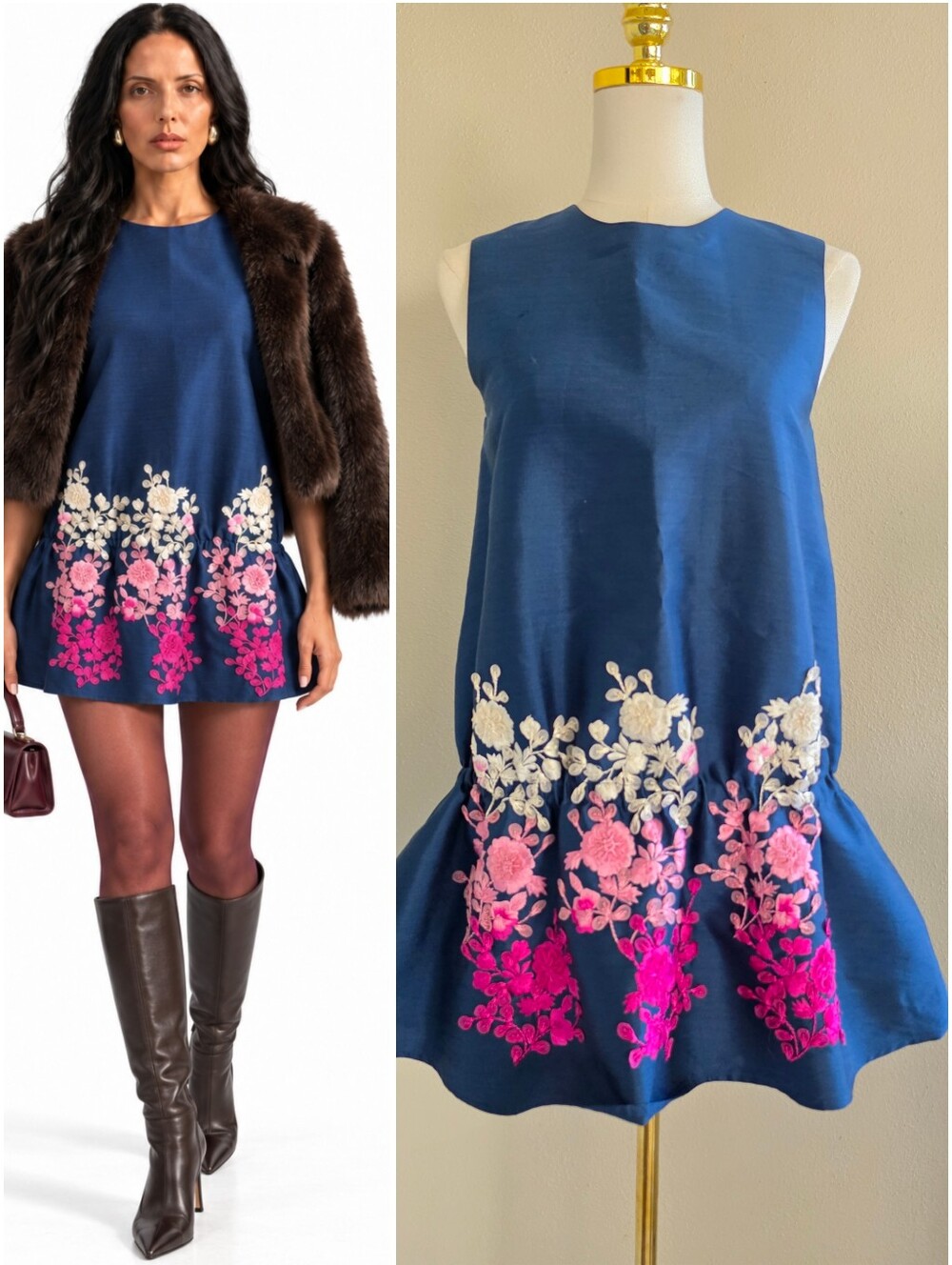Vintage Cynthia Rowley Silk Wool Floral Embroidered Drop Waist Mini Dress 6